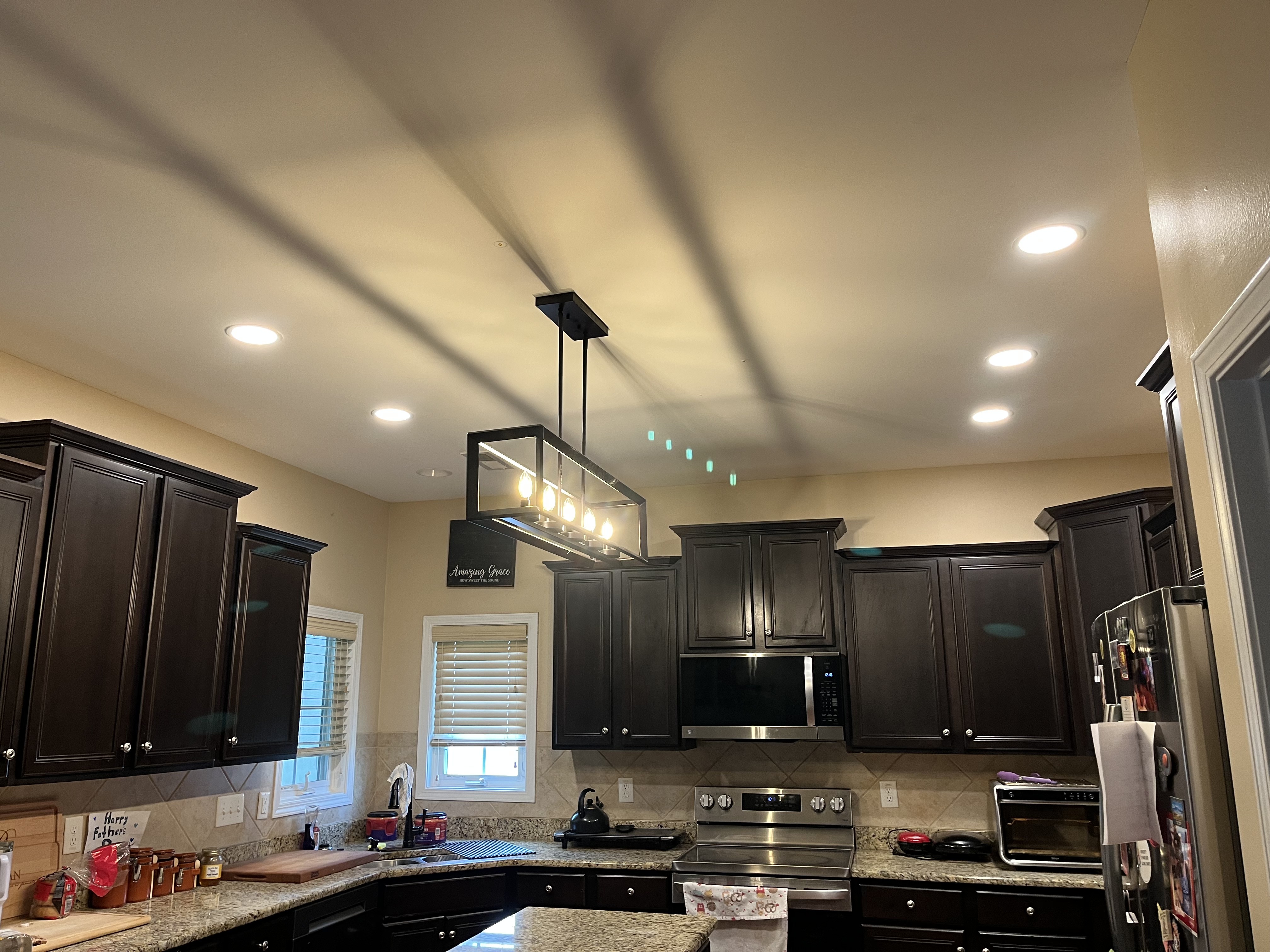 Kitchen ceiling after recessed lighting installation